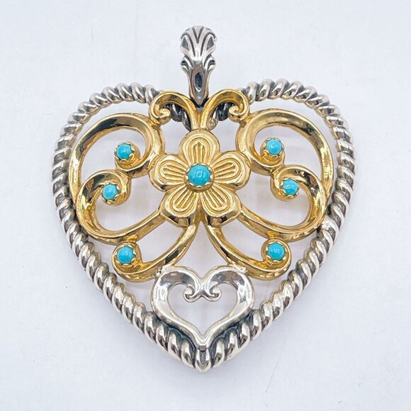 Carolyn Pollack 925 Sterling Silver & Brass Heart Pendant Turquoise Accents Larg - Picture 1 of 9